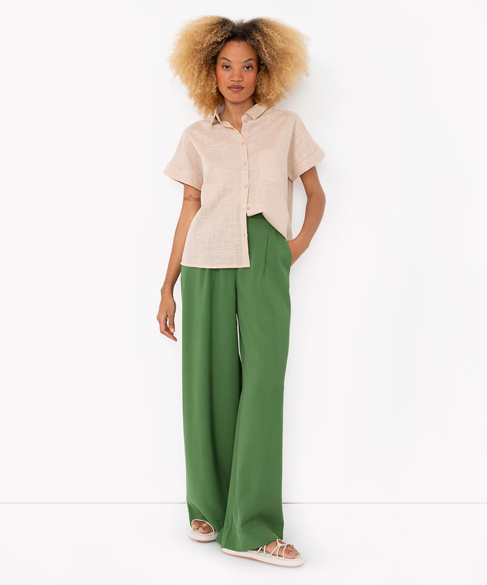 calça wide leg de viscose cintura alta com elástico verde