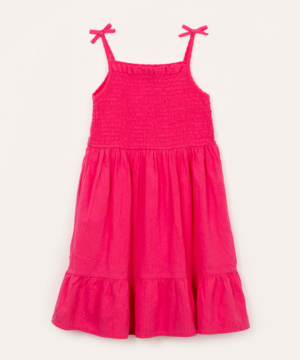 vestido de algodão infantil alça fina com laço pink