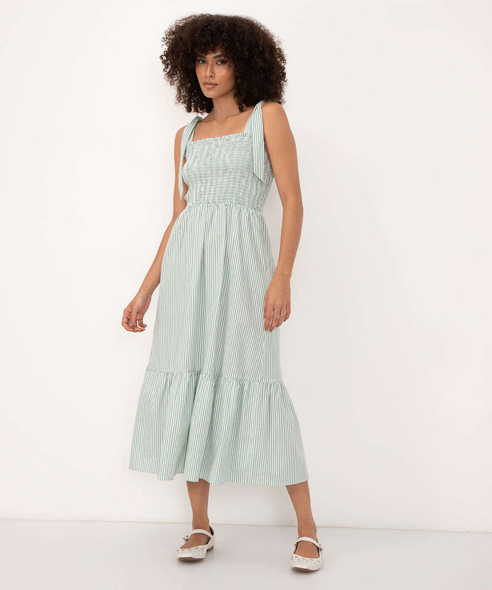 vestido midi alça com laço listrado verde