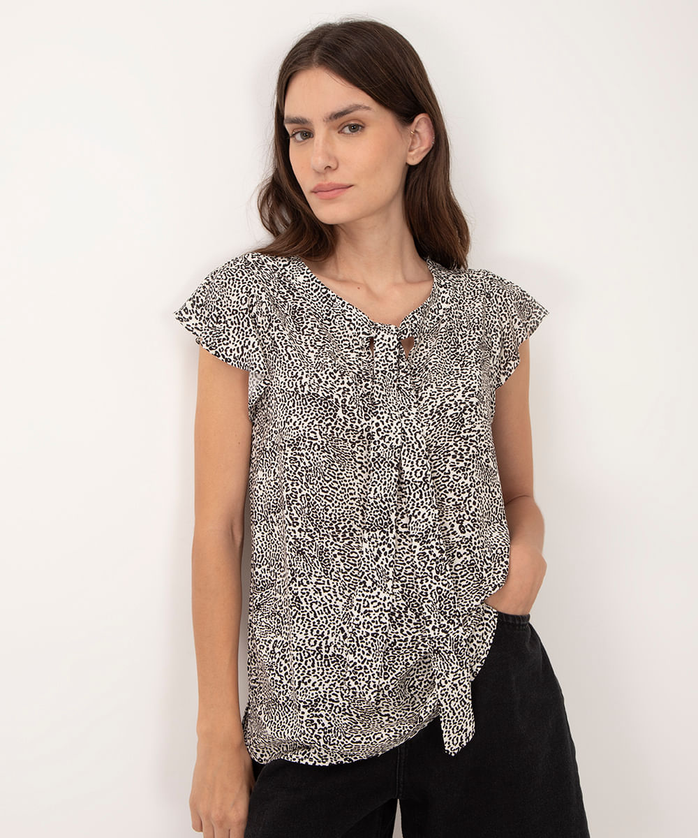 blusa animal print de viscose decote laço off white