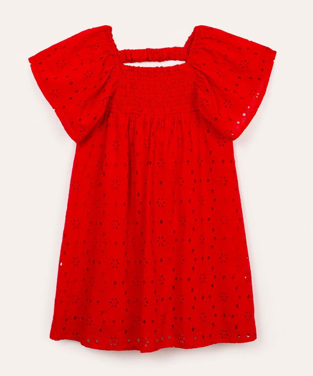 vestido de laise infantil com babado manga curta vermelho