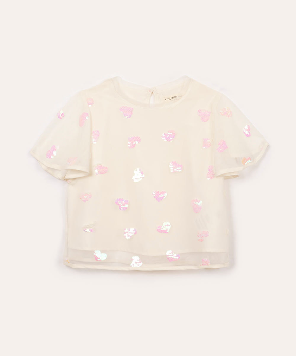 blusa infantil de tule com paetê de coração e babado off white