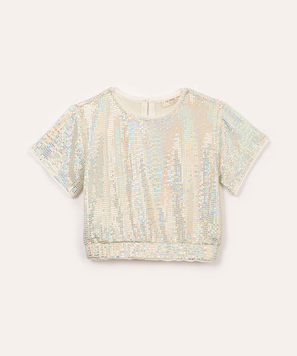 blusa de paetê infantil manga curta off white