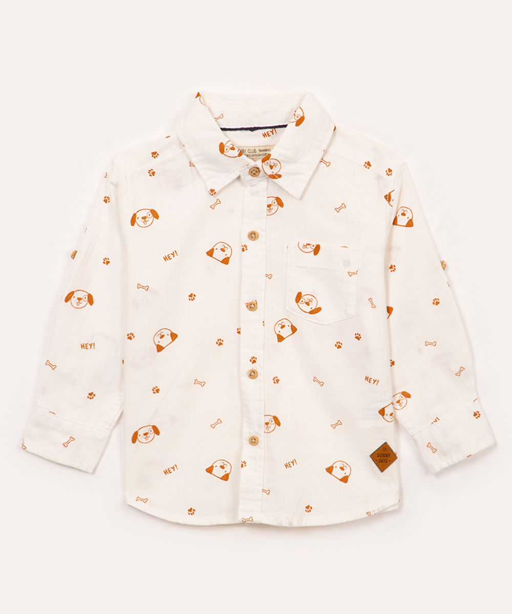 camisa de algodão infantil cachorro manga longa off white