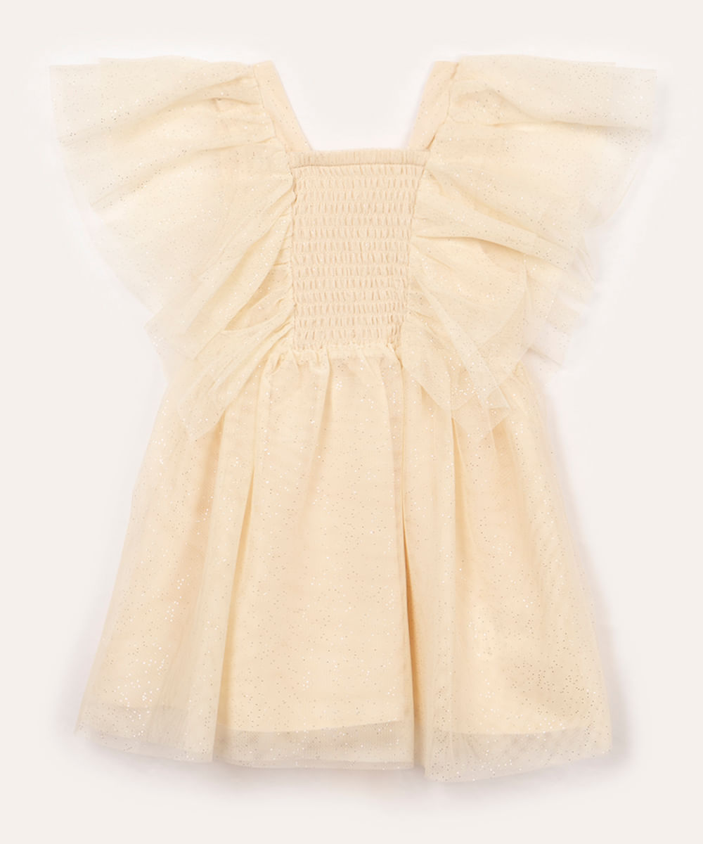 vestido de tule infantil com brilho e babado off white