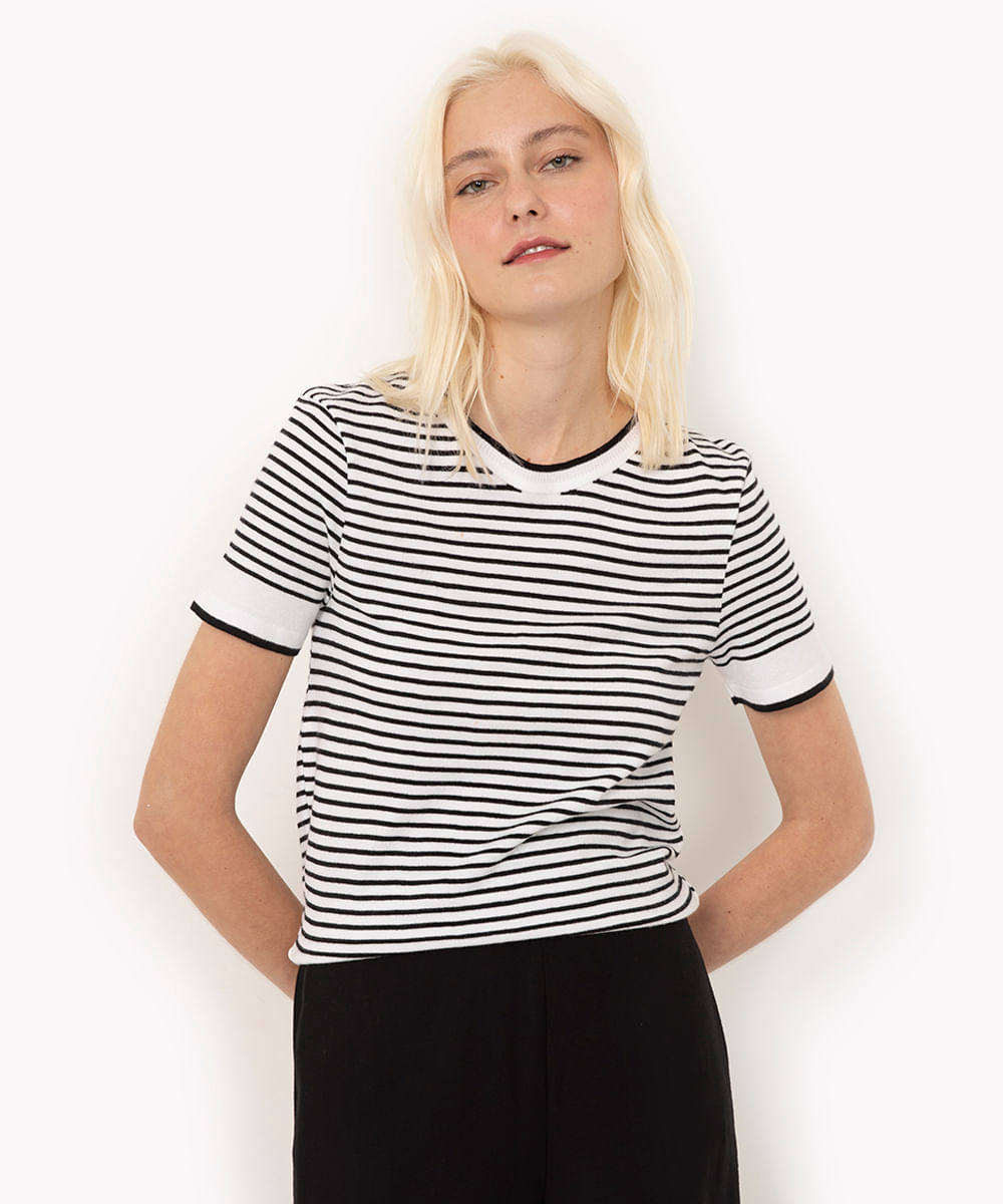 blusa de tricot listrada manga curta off white