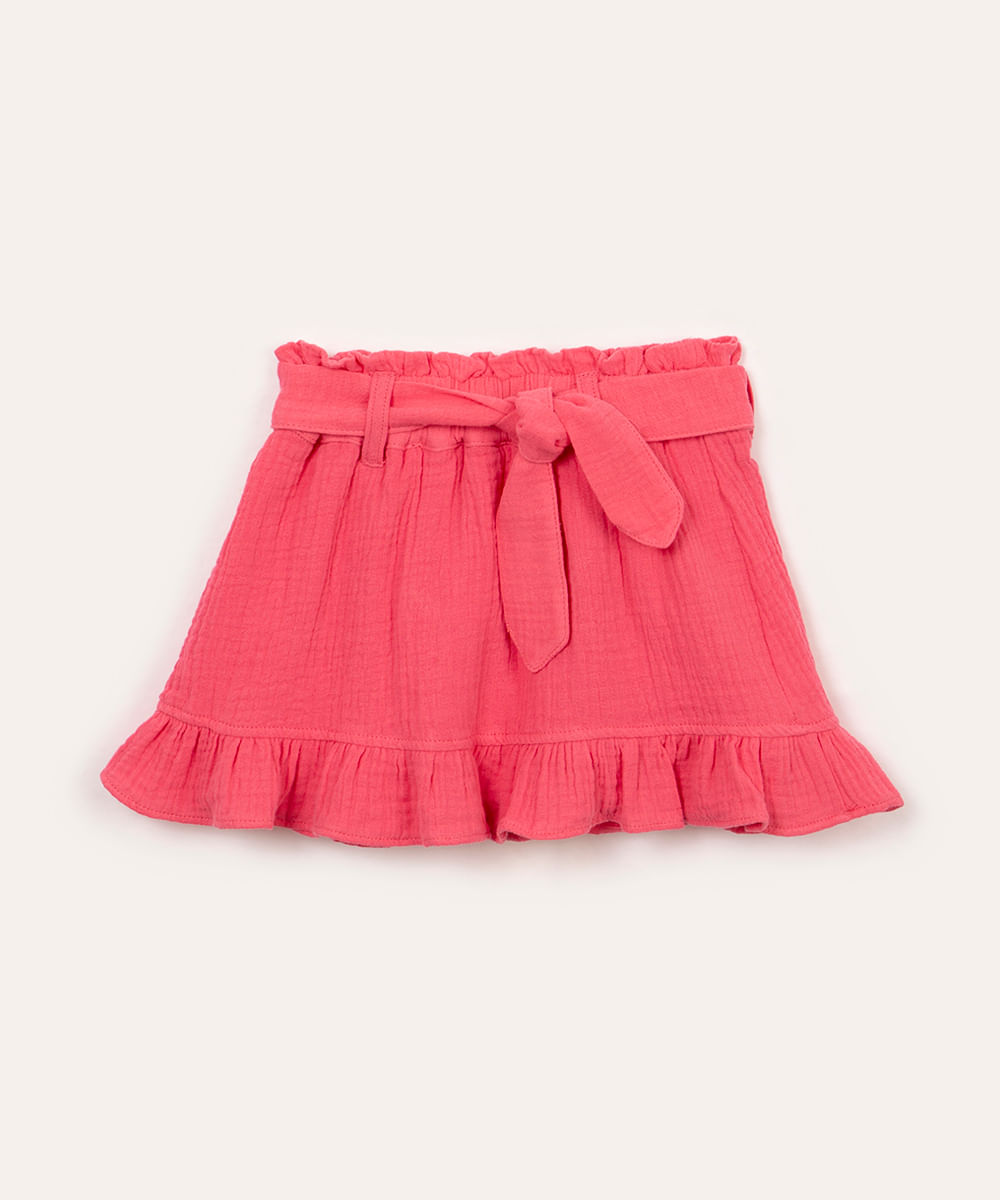 short saia de algodão texturizado com faixa e babado pink