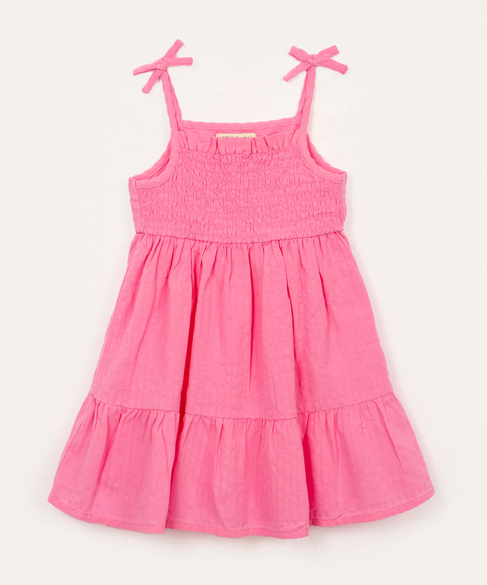 vestido de algodão infantil alça fina com laço rosa