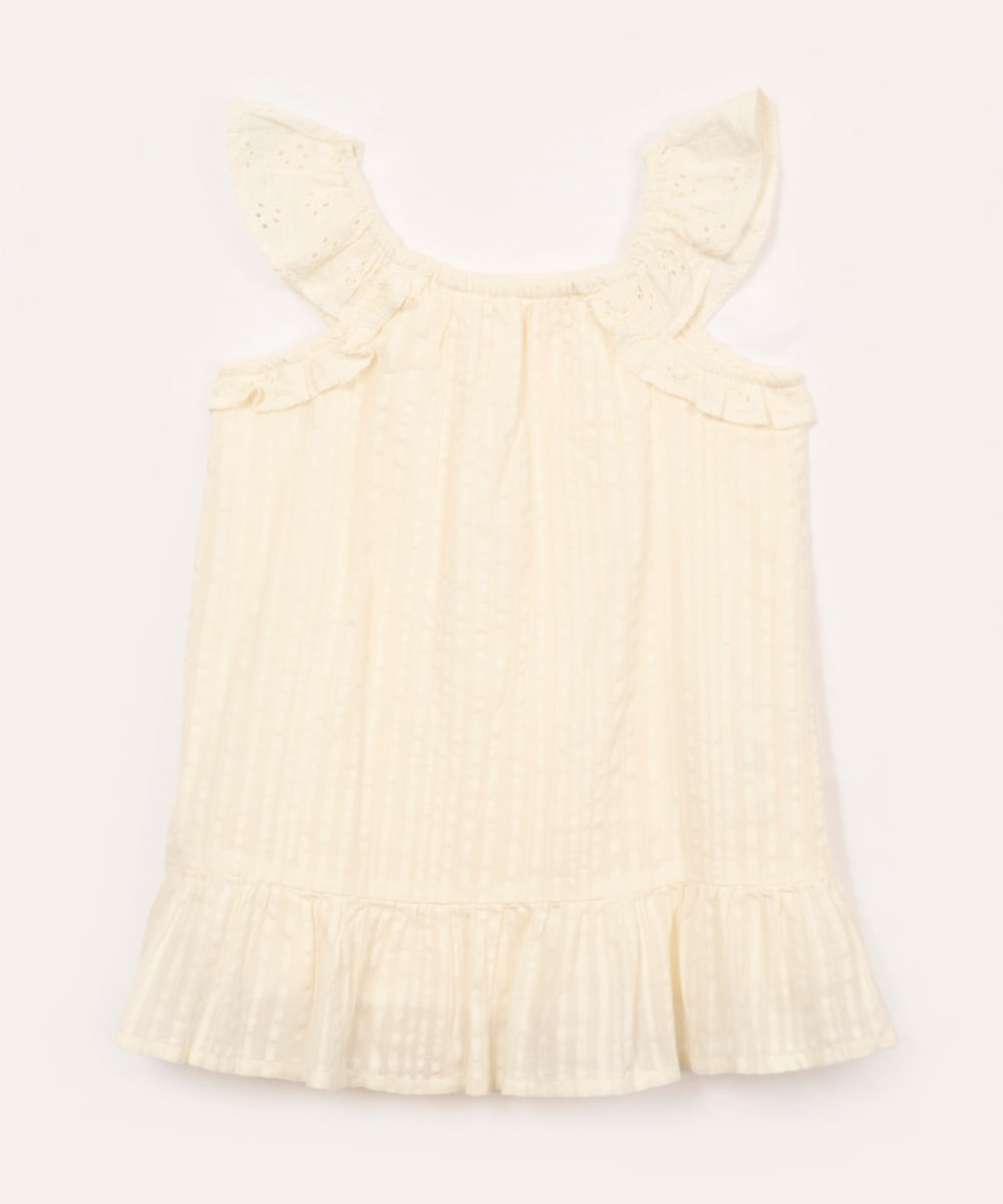 vestido de algodão infantil texturizado com laise e babado off white