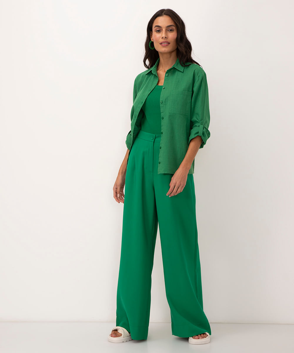 calça wide leg de viscose cintura alta com elástico verde médio