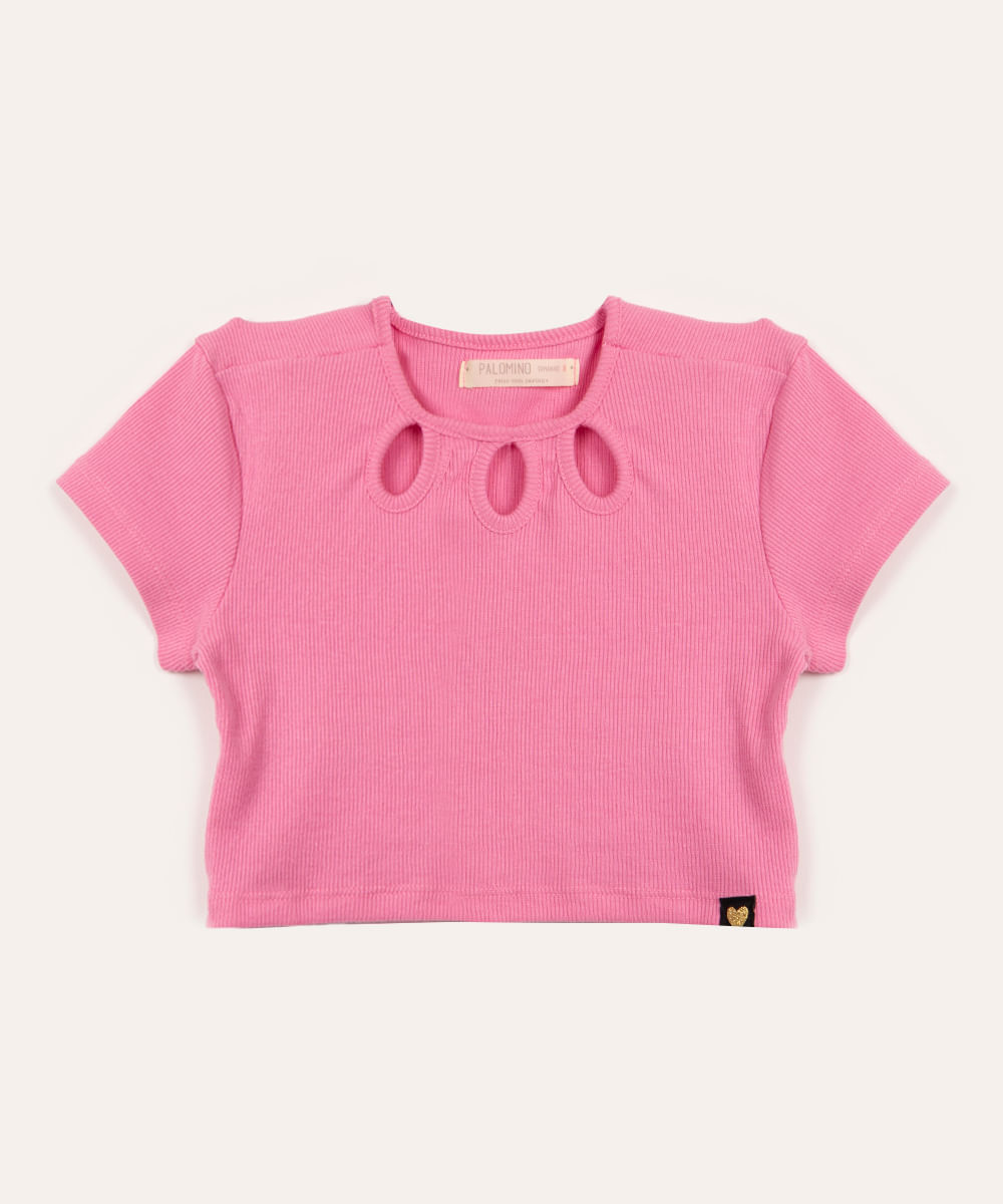 blusa infantil canelada com recortes manga curta rosa