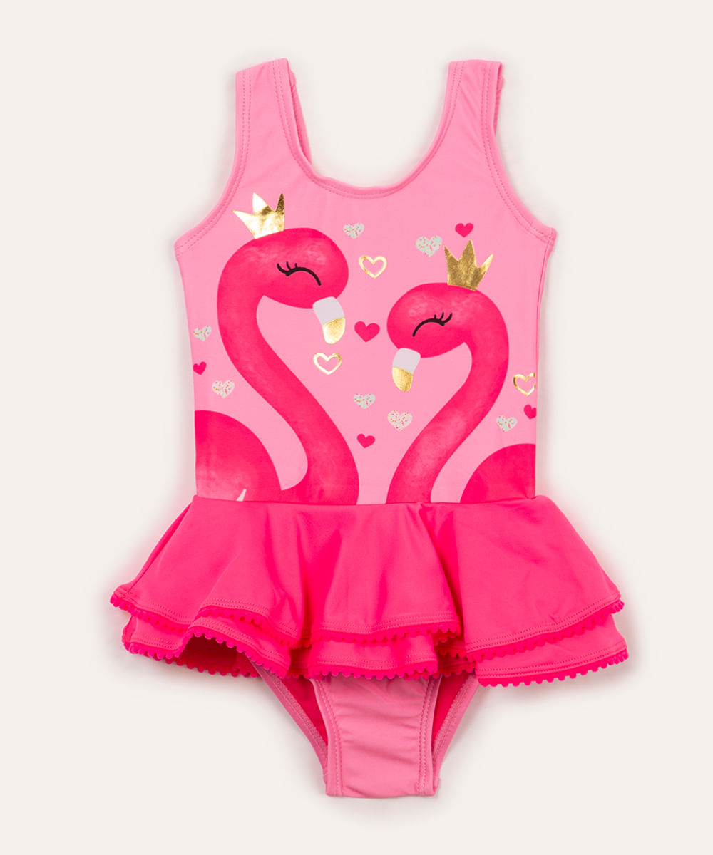 maiô infantil com babado flamingo proteção uv pink