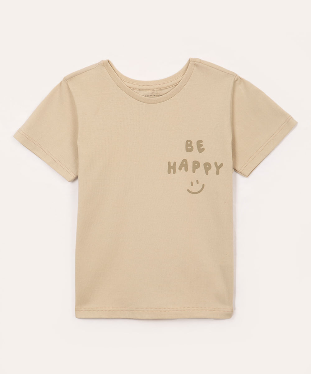 camiseta de algodão infantil be happy manga curta areia