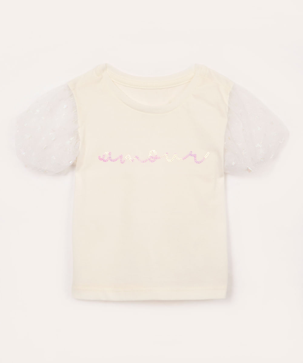 blusa de algodão infantil amour manga curta bufante off white