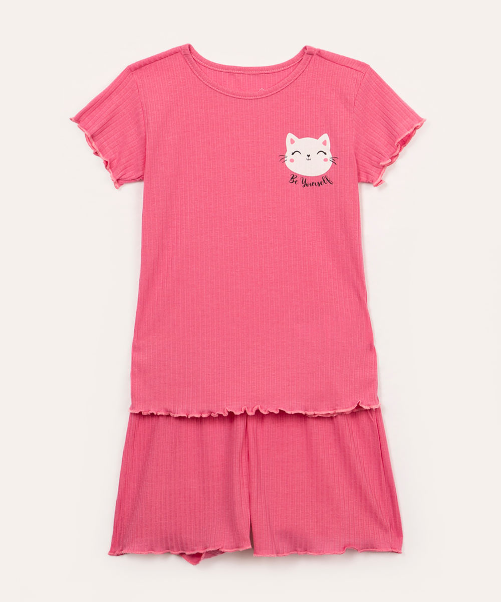 pijama infantil canelado gatinha fru fru manga curta pink