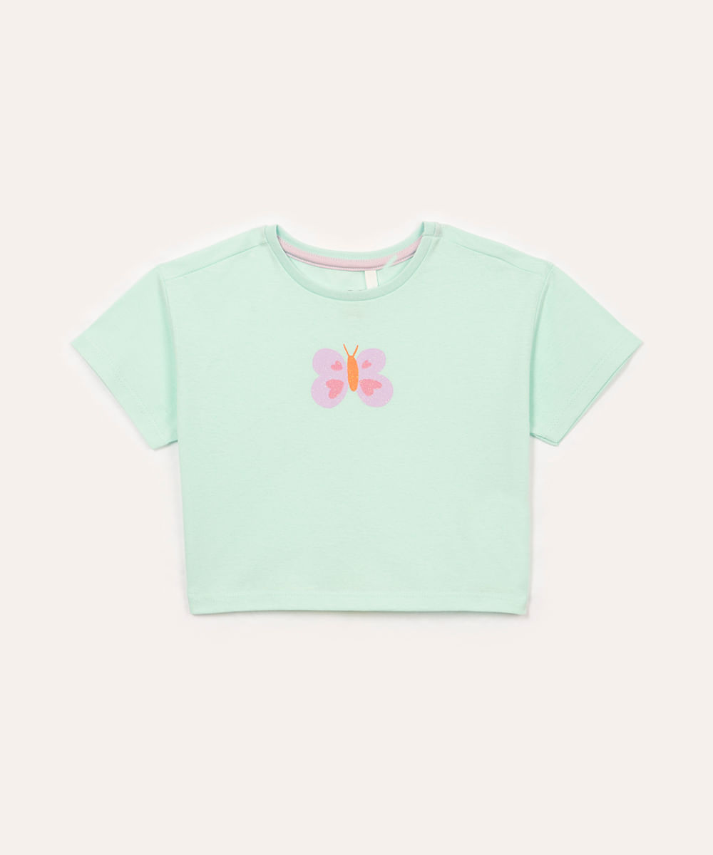 blusa de algodão infantil borboleta manga curta azul