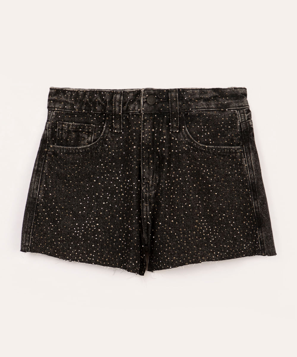 short jeans juvenil com strass e bolsos preto