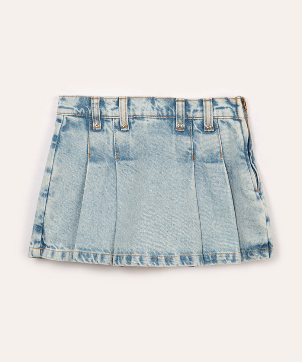 short saia jeans infantil com pregas azul claro