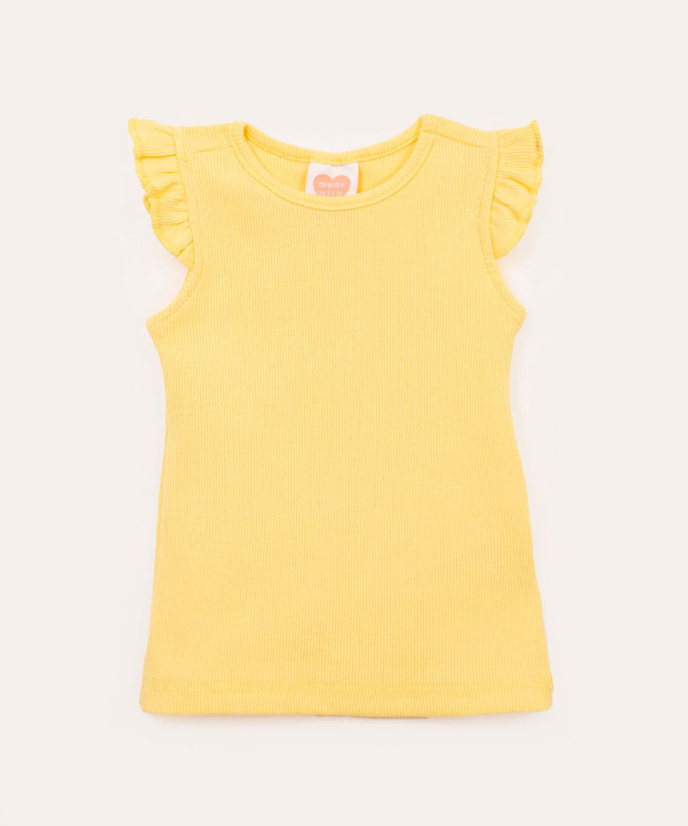 blusa de algodão infantil canelada com babado amarelo