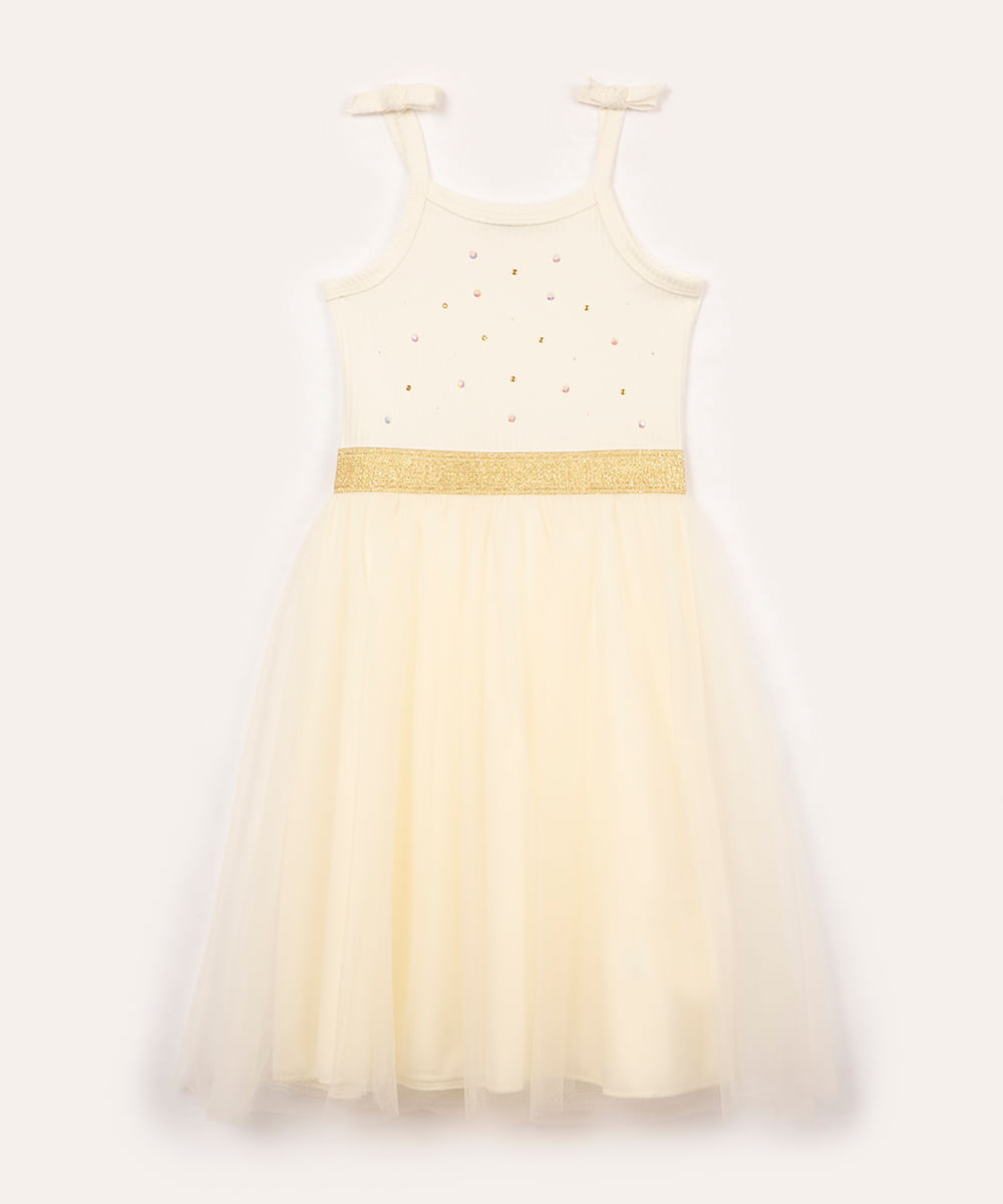 vestido de algodão infantil com brilho e tule off white