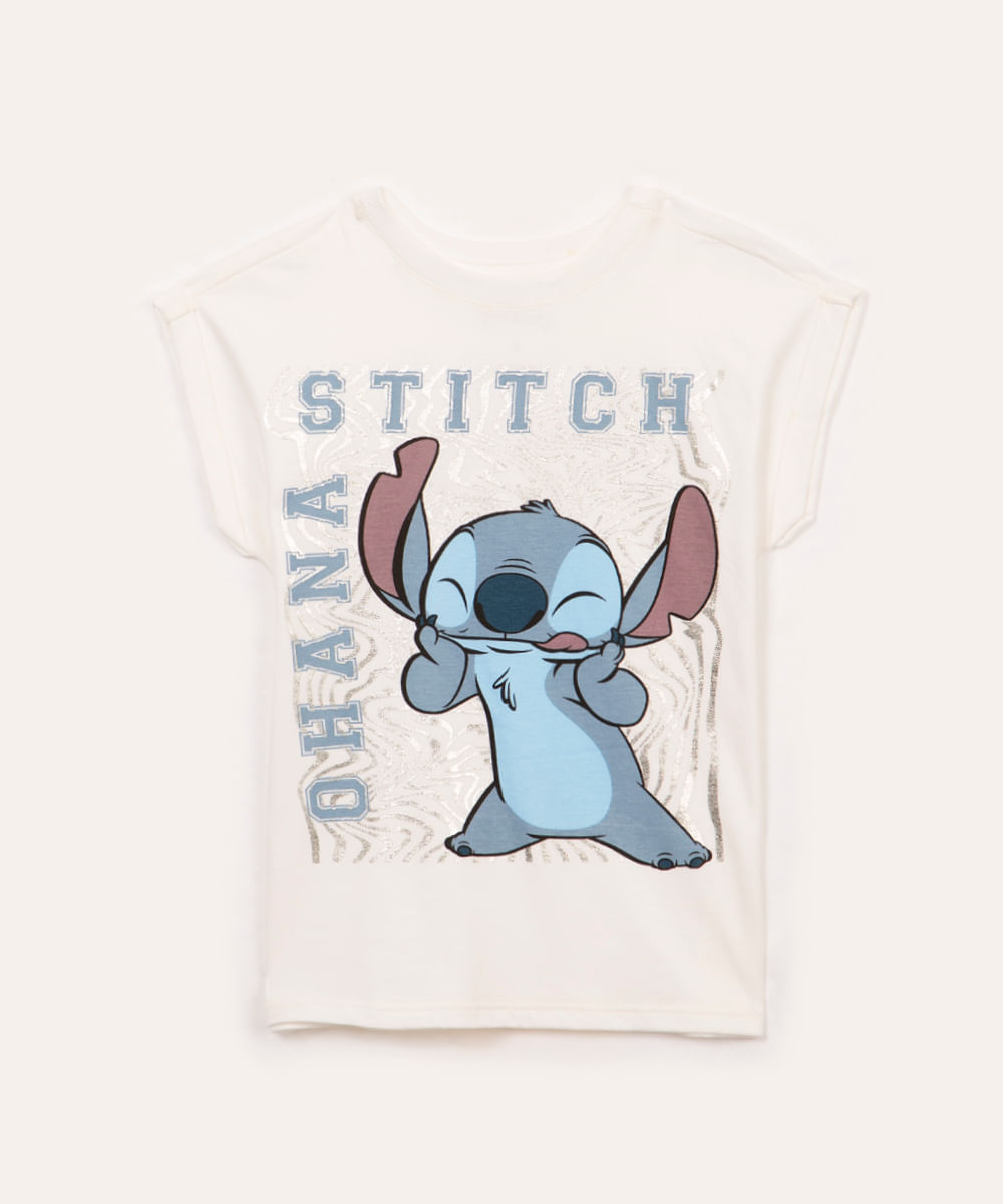 blusa de algodão infantil stitch manga curta dobrada off white