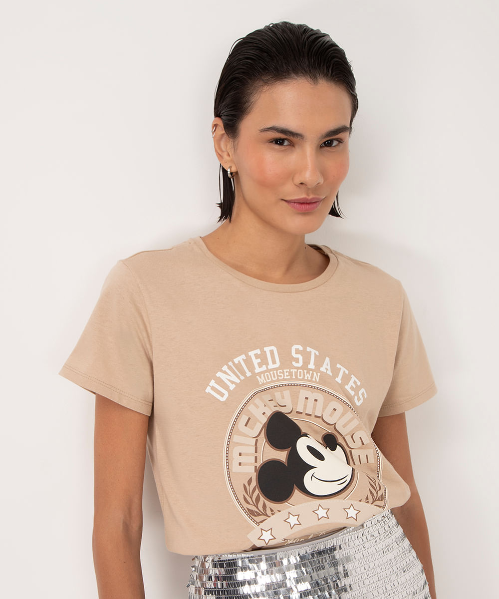 camiseta de algodão mickey united states manga curta areia