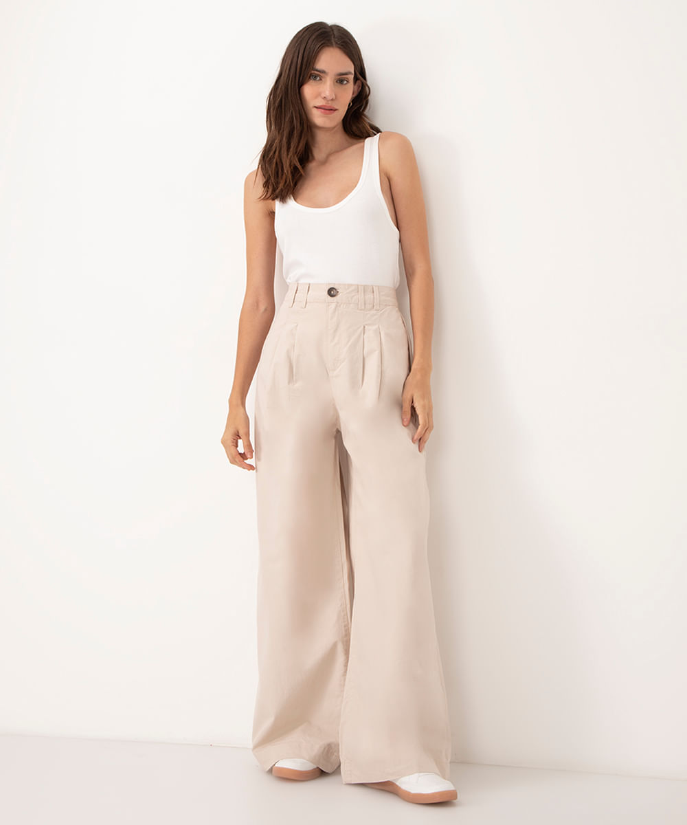 calça de sarja wide leg cintura super alta com pregas kaki