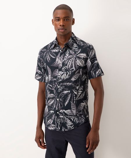 camisa de algodão folhagem manga curta azul marinho P camisa de algodão folhagem manga curta azul marinho P