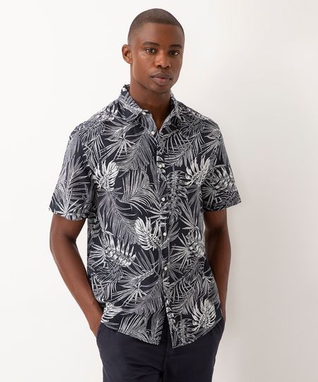 camisa de algodão folhagens manga curta azul marinho M