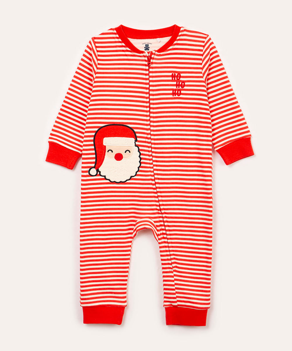 macacão infantil longo com zíper bordado papai noel vermelho