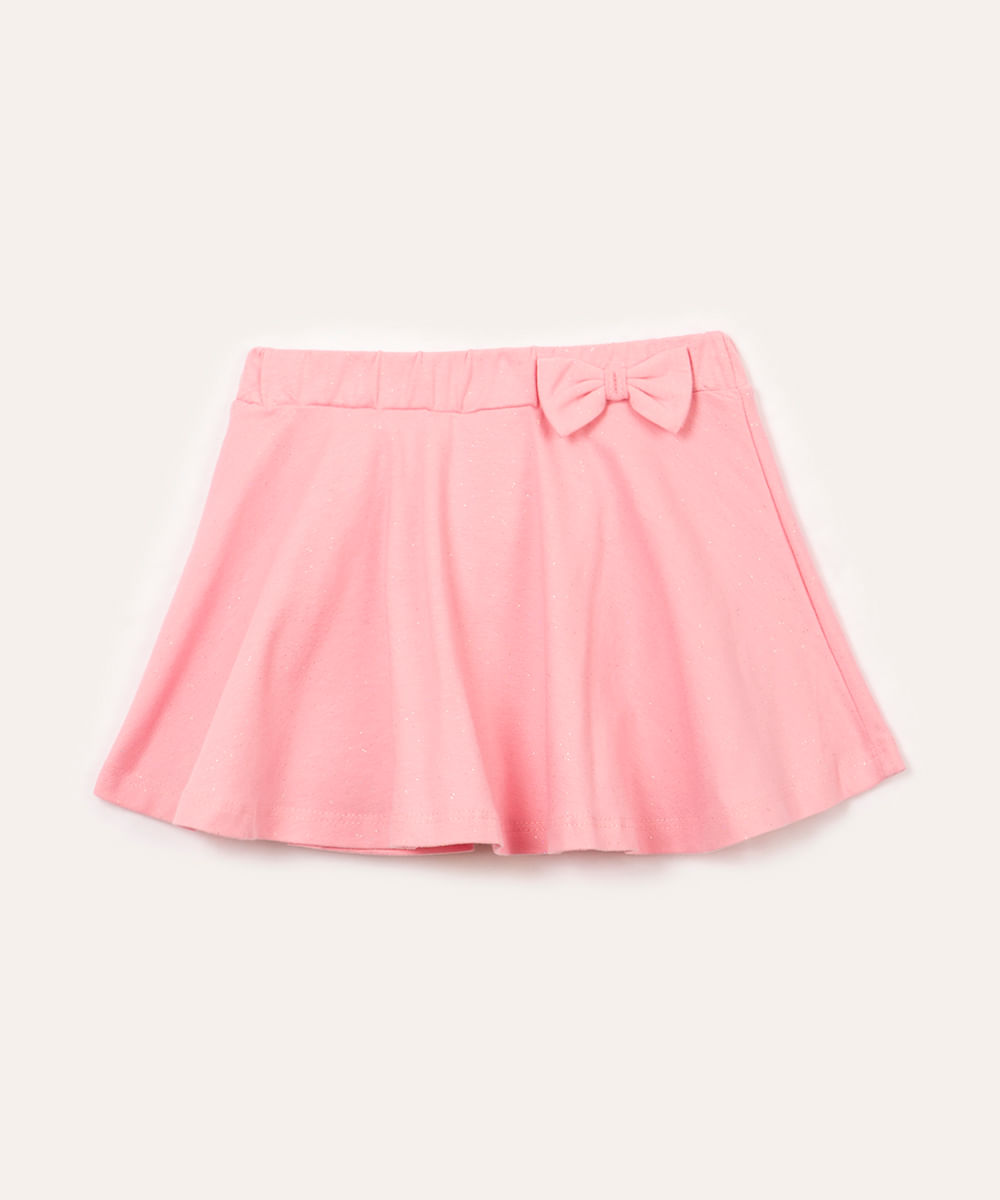 short saia de algodão infantil com glitter e laço rosa