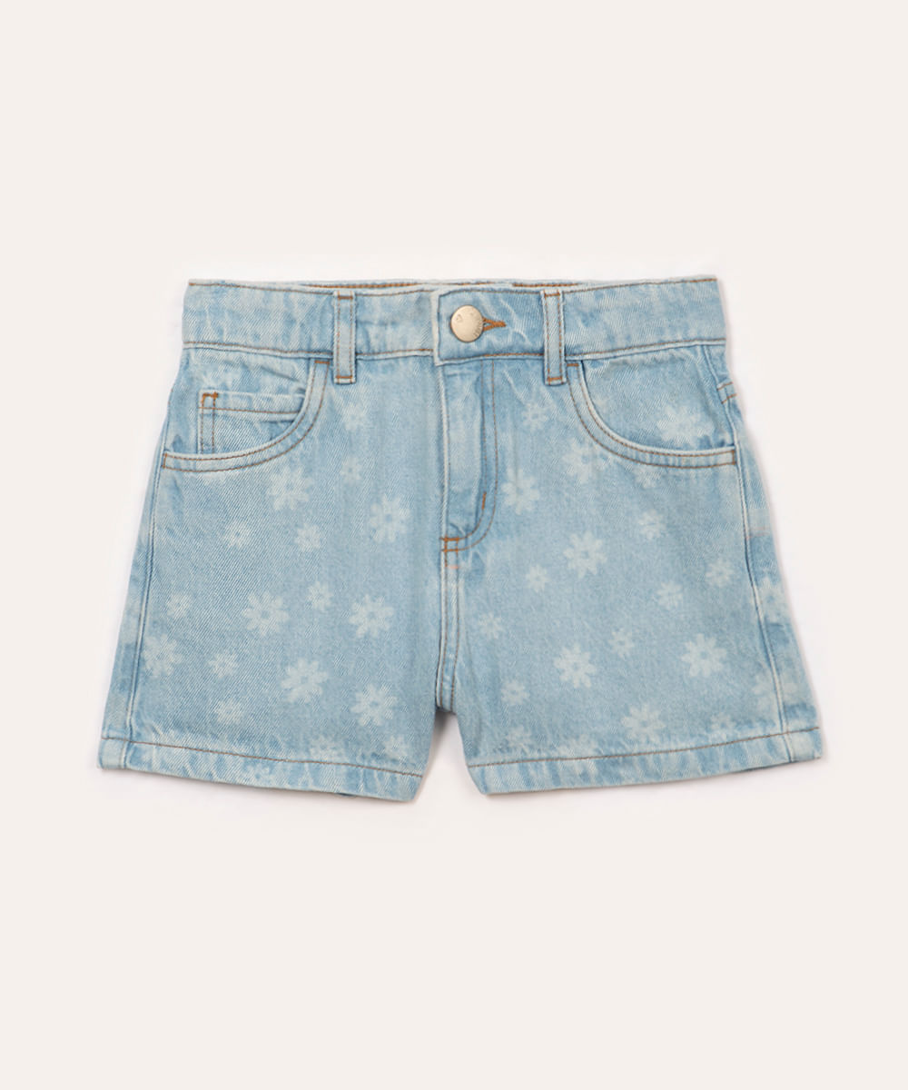 short jeans mom infantil com bolsos flores azul claro