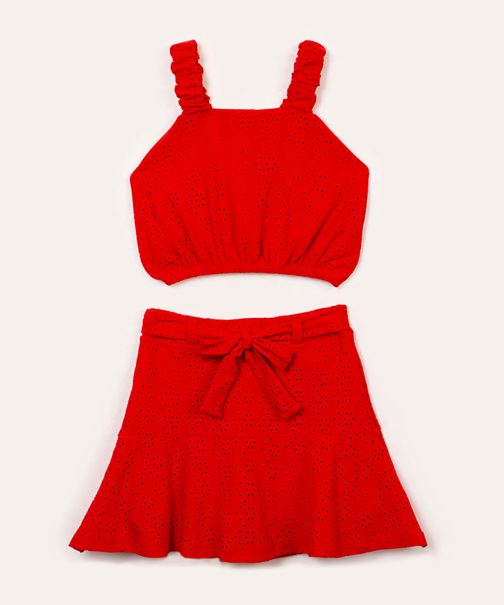 conjunto infantil de laise alça franzida vermelho