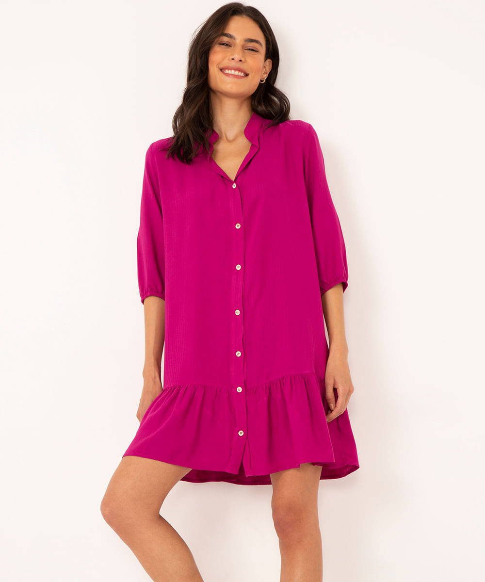 vestido chemise curto com babado manga curta rosa escuro