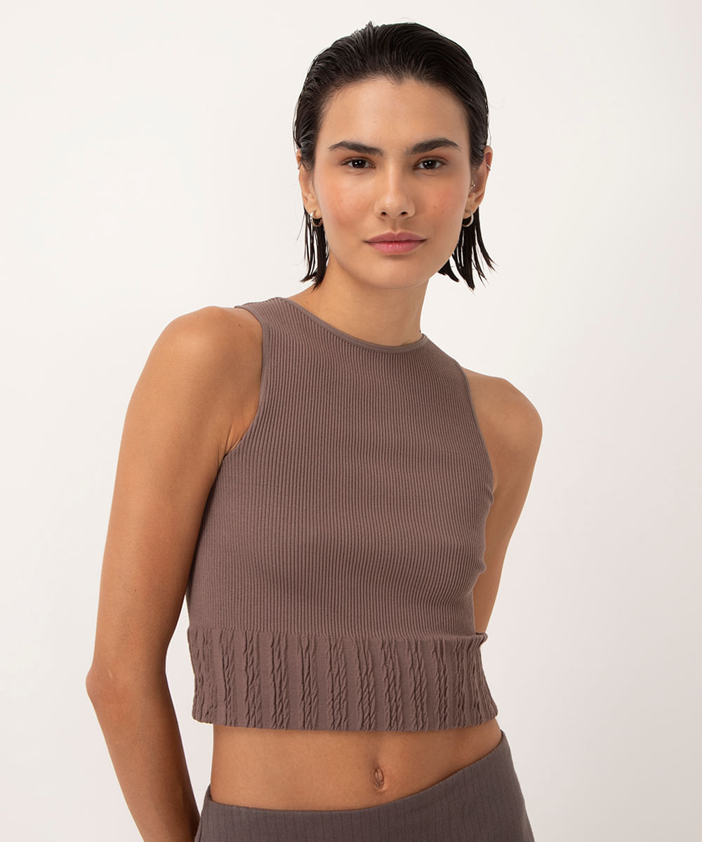 cropped canelado halter neck alça média kaki