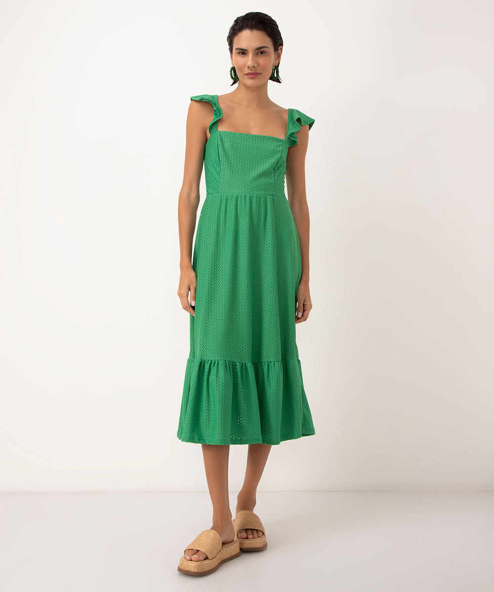 vestido midi de laise decote reto alça média verde médio