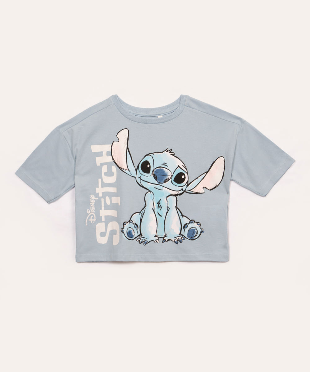 blusa de algodão infantil stitch manga curta azul claro