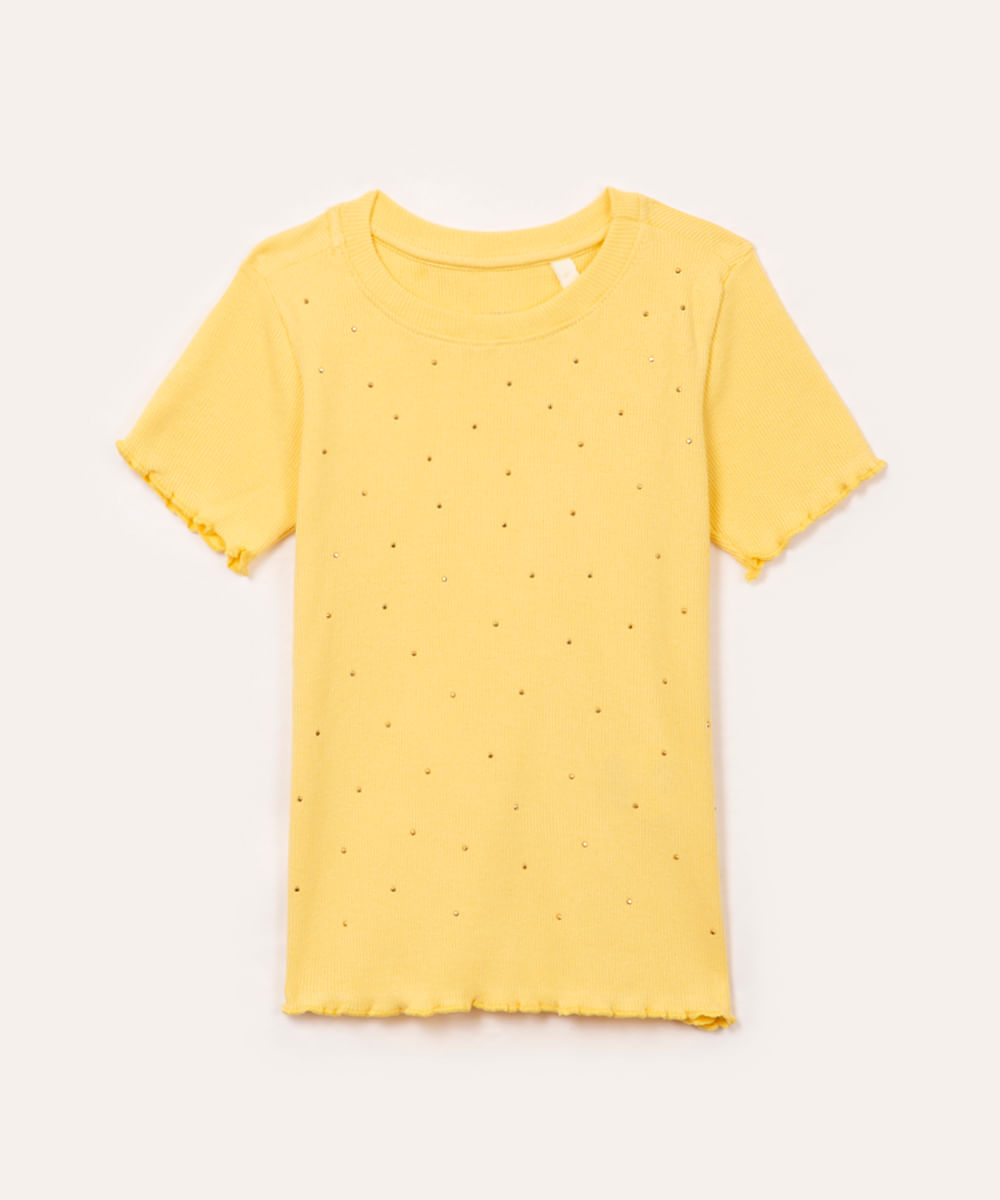 blusa infantil canelada manga curta com strass e frufru amarelo