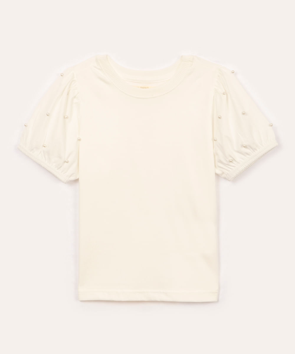 blusa infantil de algodão manga bufante com pérolas off white