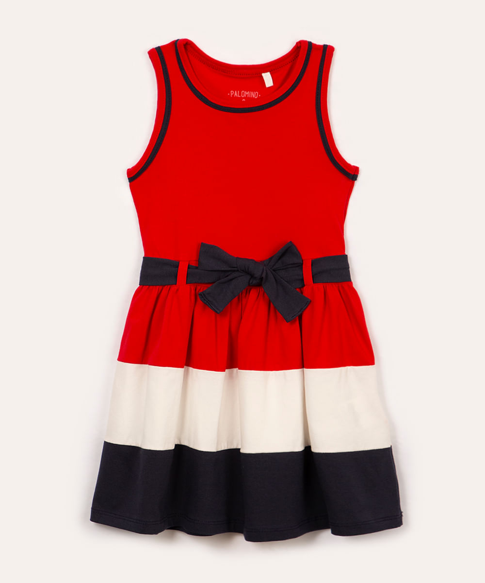 vestido de algodão infantil com recorte e laço vermelho