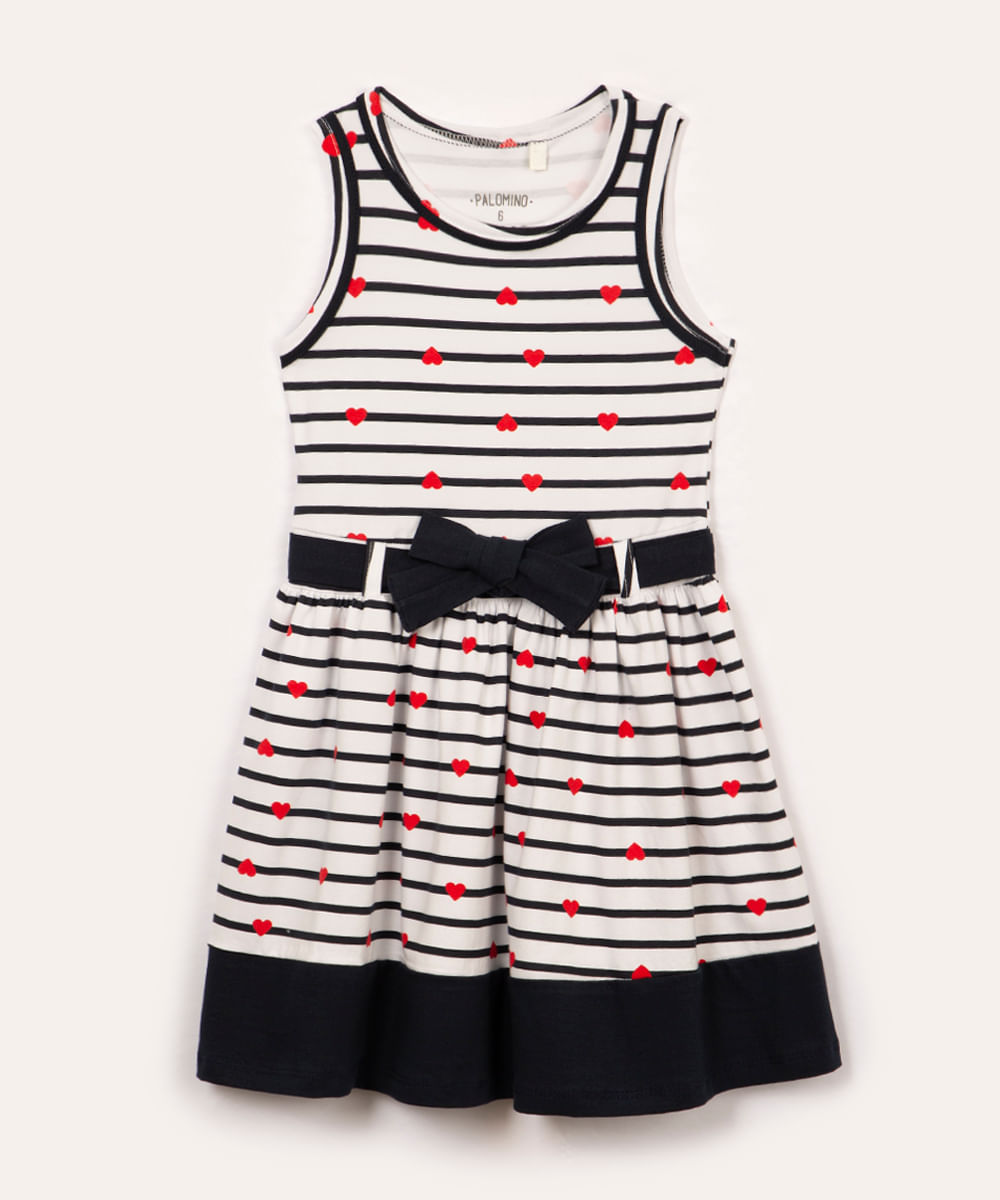 vestido infantil listrado com corações off white