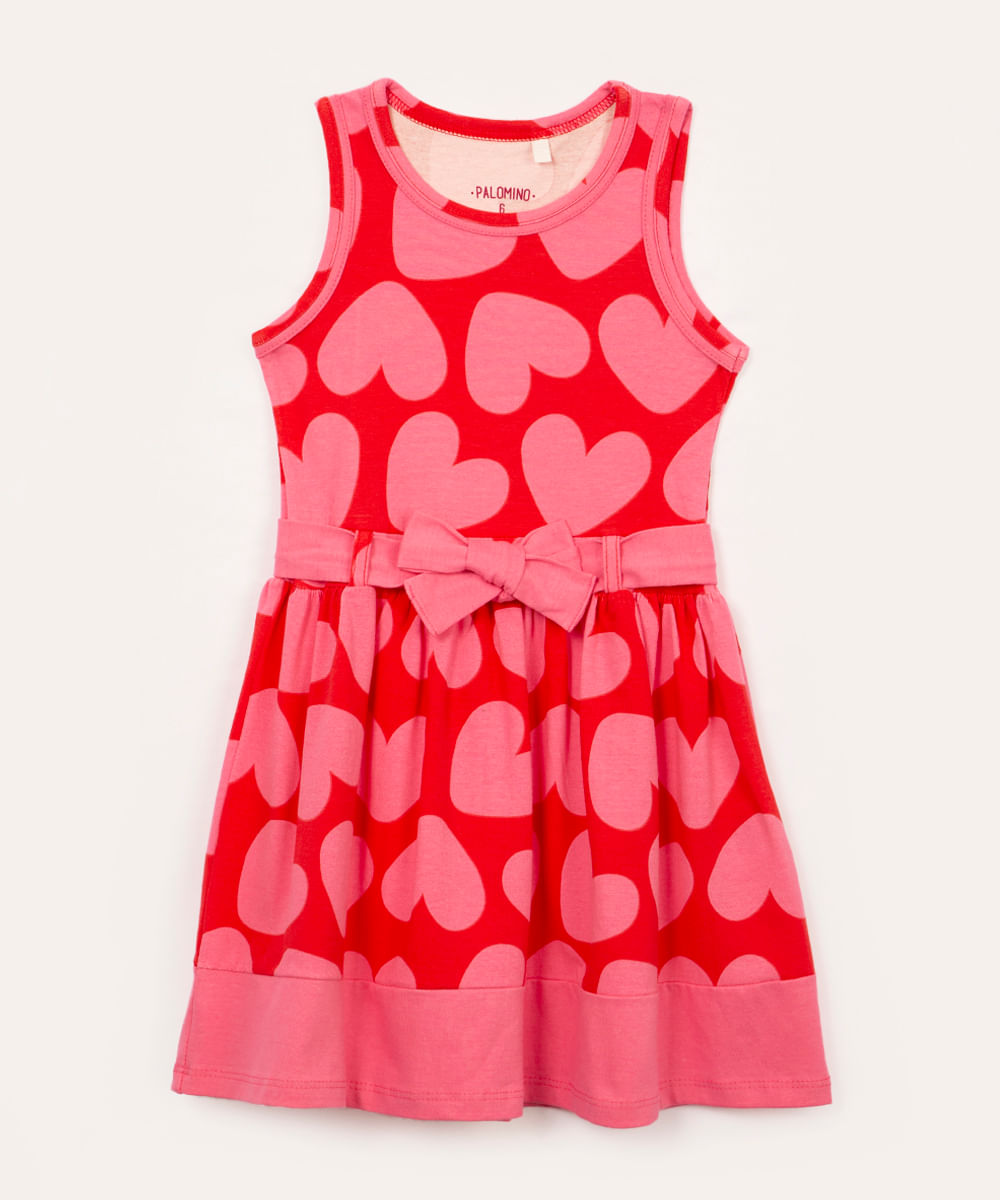 vestido de algodão infantil corações com laço rosa