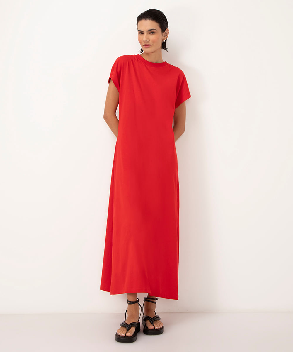 vestido de algodão longo com fenda vermelho