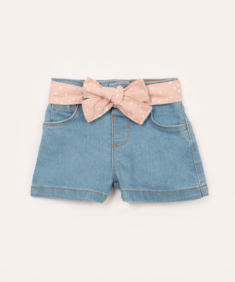 short jeans infantil com bolsos faixa de estrelas azul claro