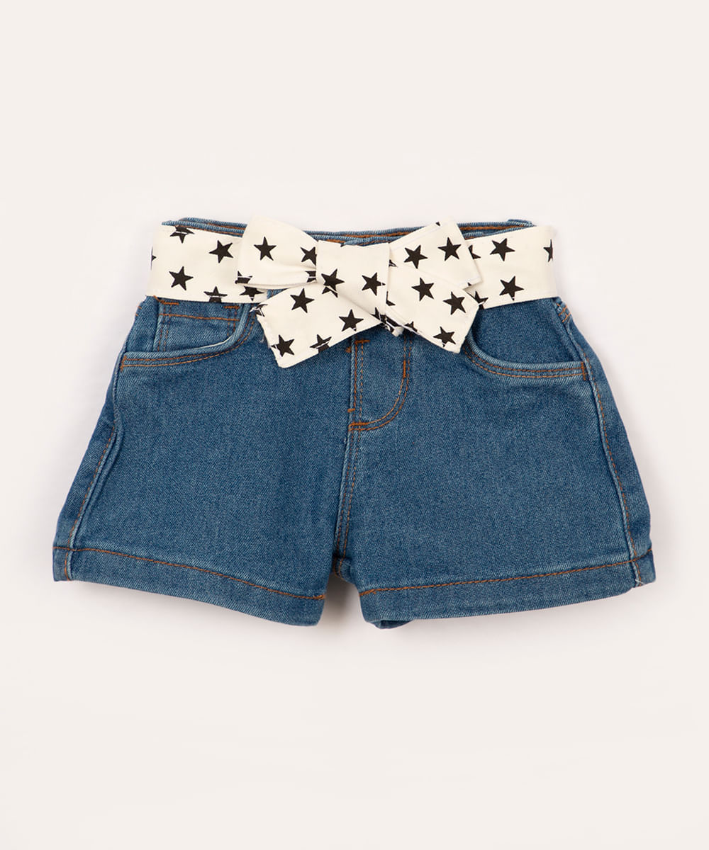 short jeans infantil com bolsos faixa de estrelas azul escuro