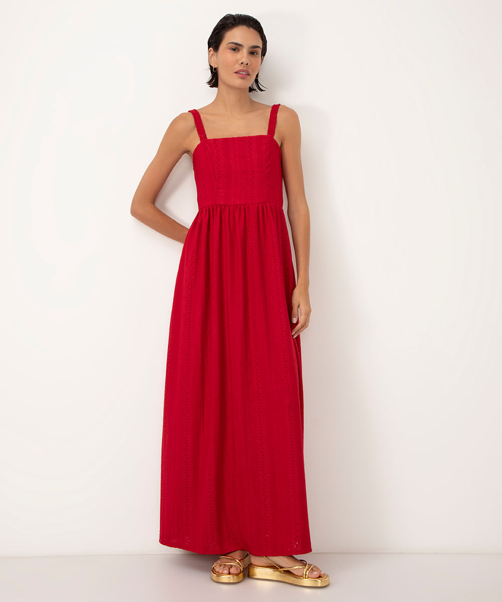 vestido de laise midi alça franzida vermelho