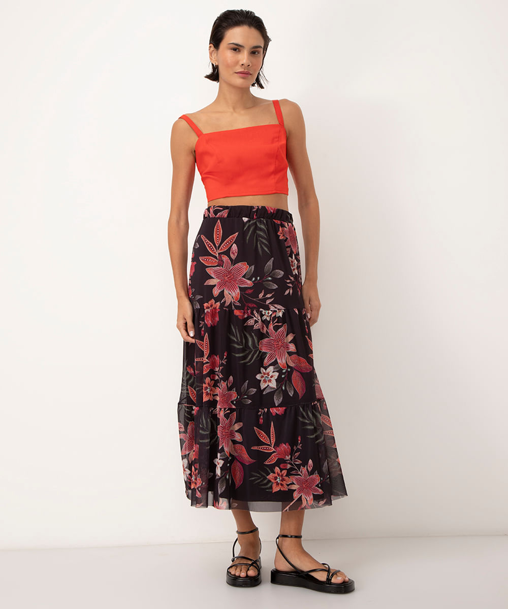 saia de tule midi floral preto