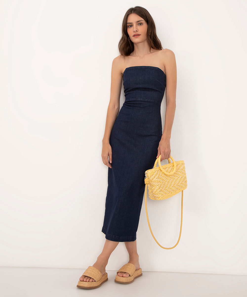 vestido midi jeans decote reto sem alça azul escuro