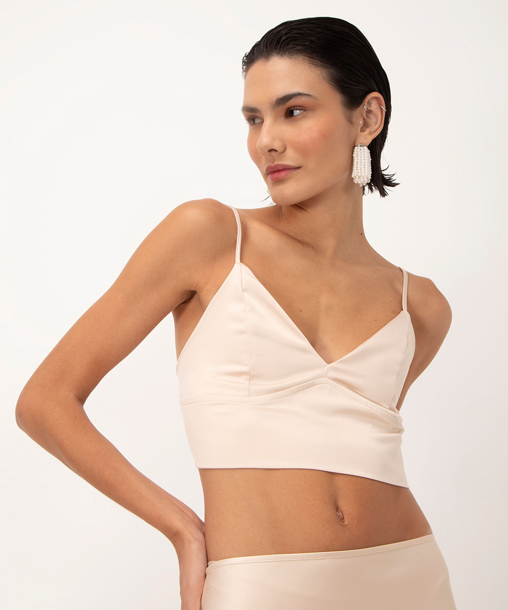 top cropped acetinado alça fina bege claro