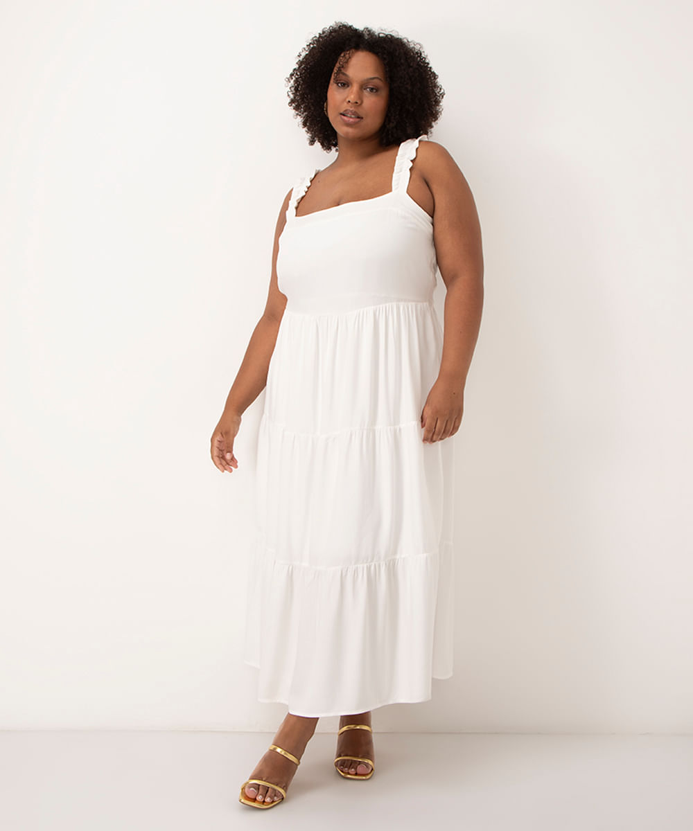 vestido longo de viscose alça média com babado plus size off white